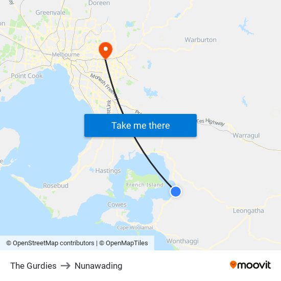 The Gurdies to Nunawading map