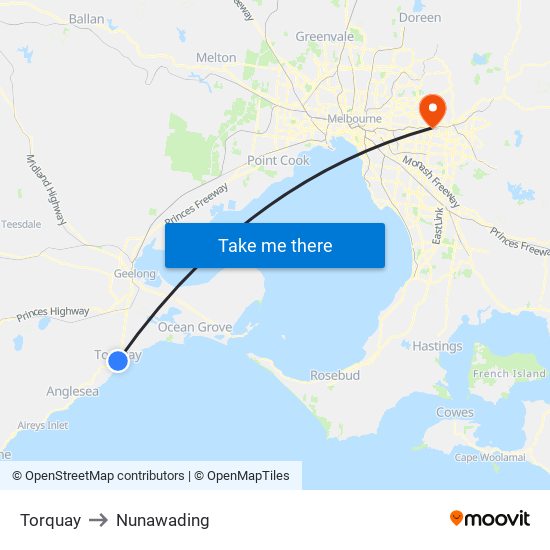 Torquay to Nunawading map
