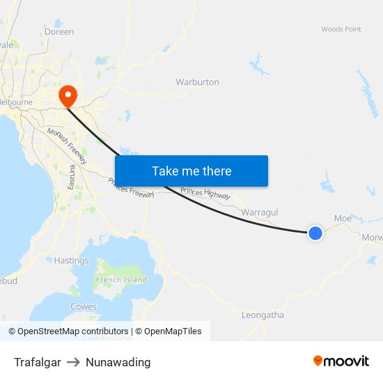 Trafalgar to Nunawading map