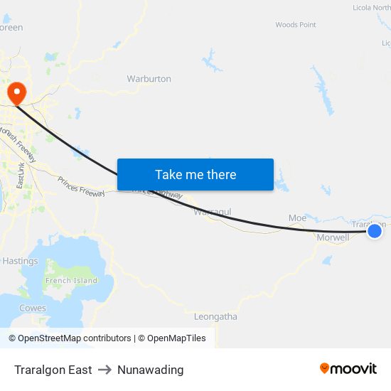 Traralgon East to Nunawading map