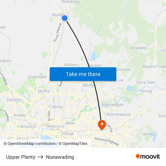 Upper Plenty to Nunawading map