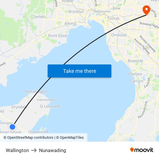 Wallington to Nunawading map