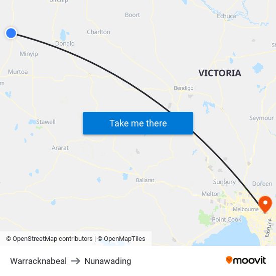 Warracknabeal to Nunawading map