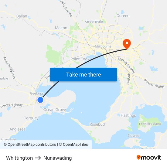 Whittington to Nunawading map