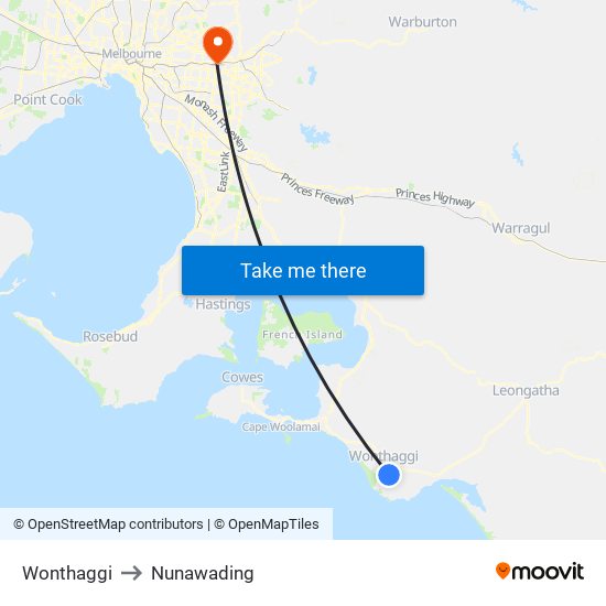 Wonthaggi to Nunawading map