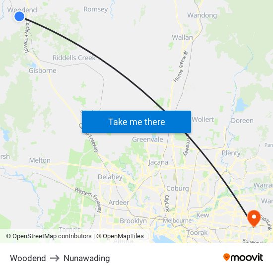 Woodend to Nunawading map