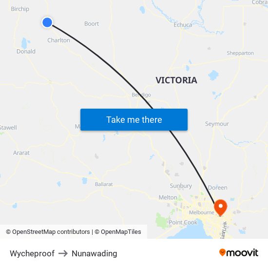 Wycheproof to Nunawading map