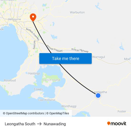 Leongatha South to Nunawading map