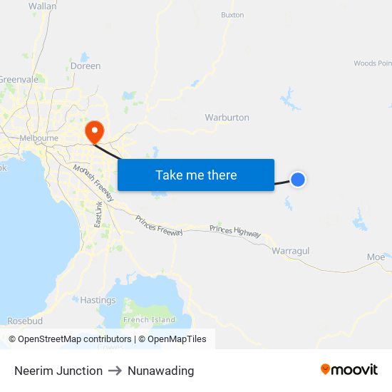 Neerim Junction to Nunawading map