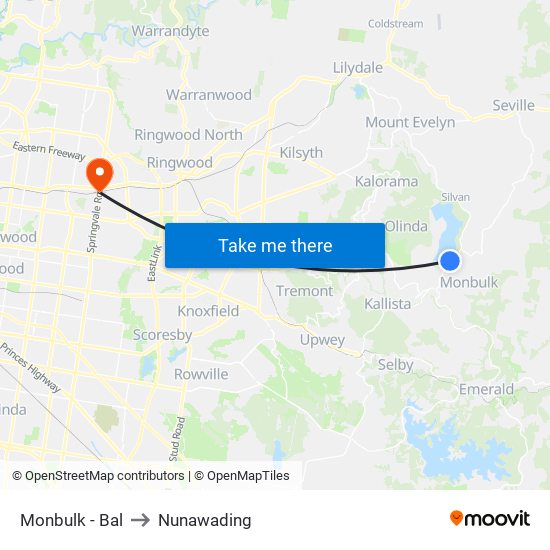 Monbulk - Bal to Nunawading map