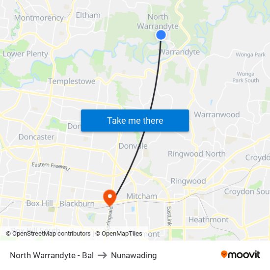 North Warrandyte - Bal to Nunawading map