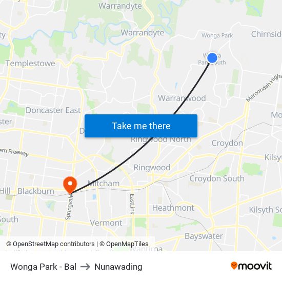 Wonga Park - Bal to Nunawading map