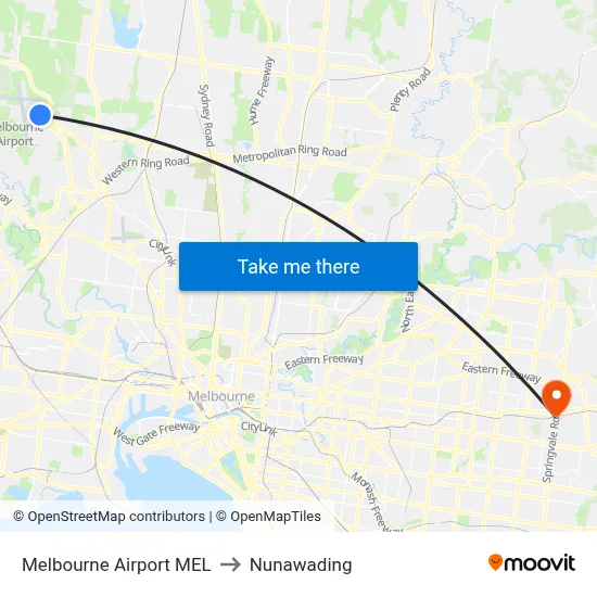 Melbourne Airport MEL to Nunawading map