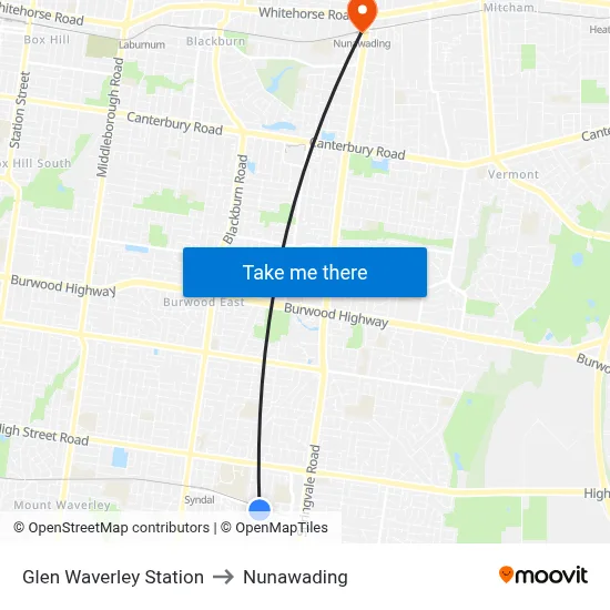 Glen Waverley Station to Nunawading map