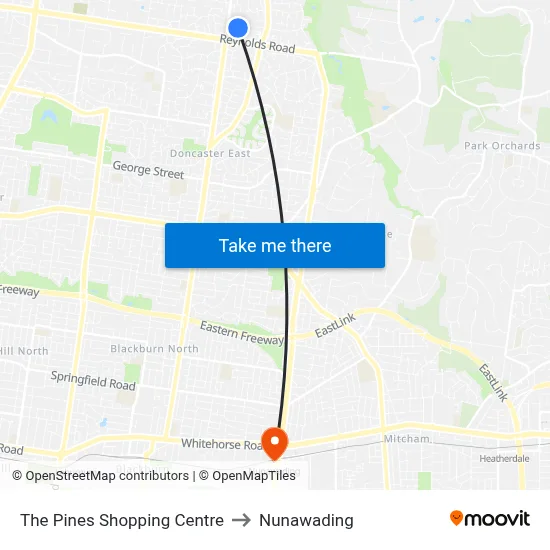 The Pines Shopping Centre to Nunawading map