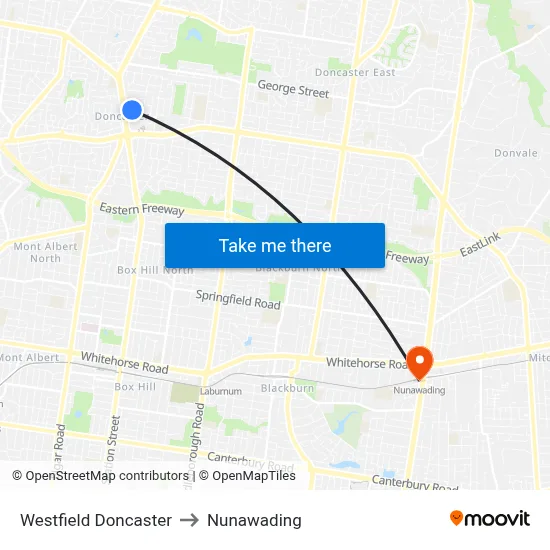 Westfield Doncaster to Nunawading map