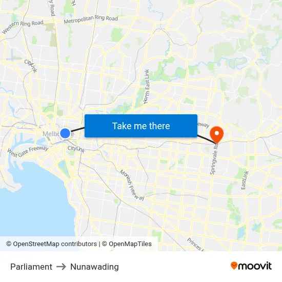 Parliament to Nunawading map