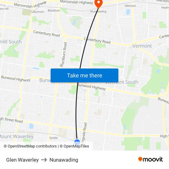 Glen Waverley to Nunawading map