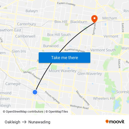 Oakleigh to Nunawading map