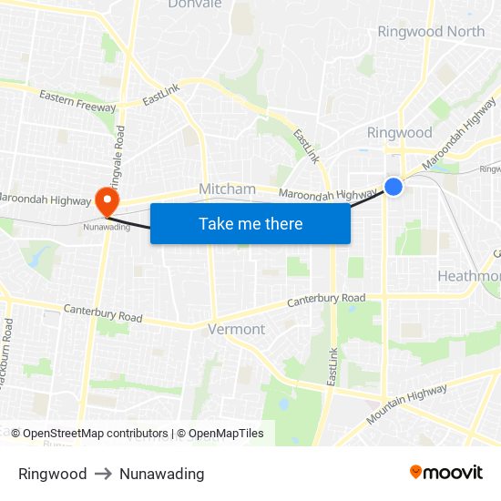 Ringwood to Nunawading map