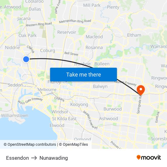 Essendon to Nunawading map