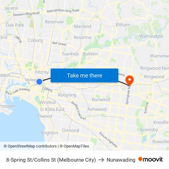 8-Spring St/Collins St (Melbourne City) to Nunawading map