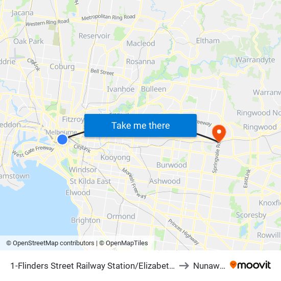 1-Flinders Street Railway Station/Elizabeth St (Melbourne City) to Nunawading map