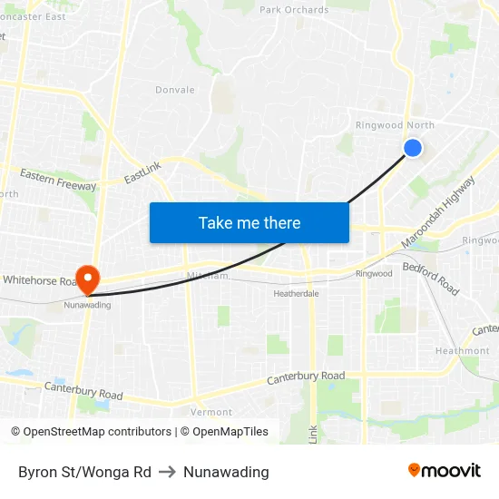 Byron St/Wonga Rd to Nunawading map