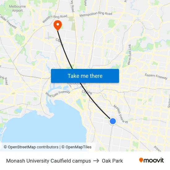 Monash University Caulfield campus to Oak Park map
