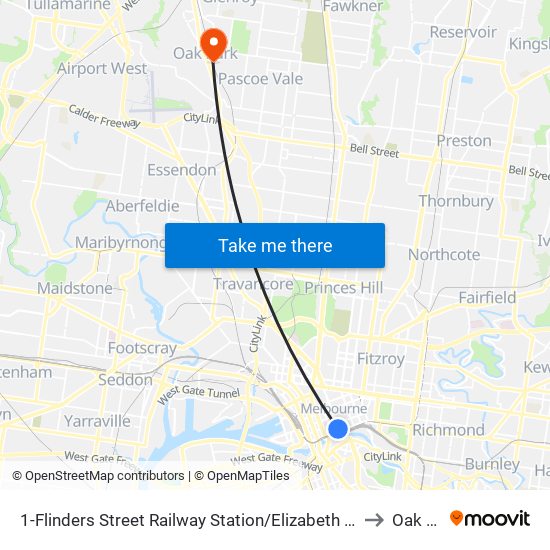1-Flinders Street Railway Station/Elizabeth St (Melbourne City) to Oak Park map
