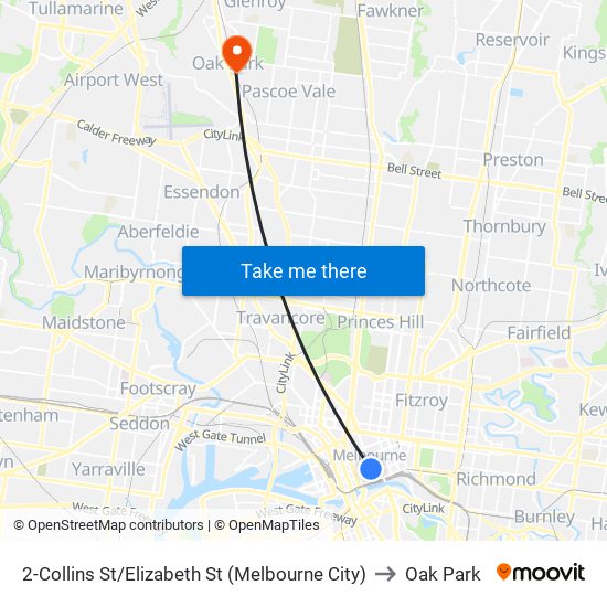 2-Collins St/Elizabeth St (Melbourne City) to Oak Park map