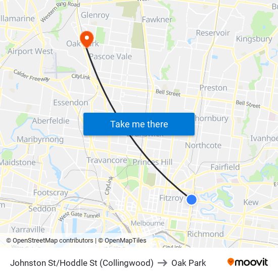 Johnston St/Hoddle St (Collingwood) to Oak Park map