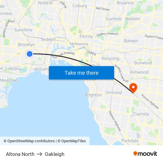 Altona North to Oakleigh map