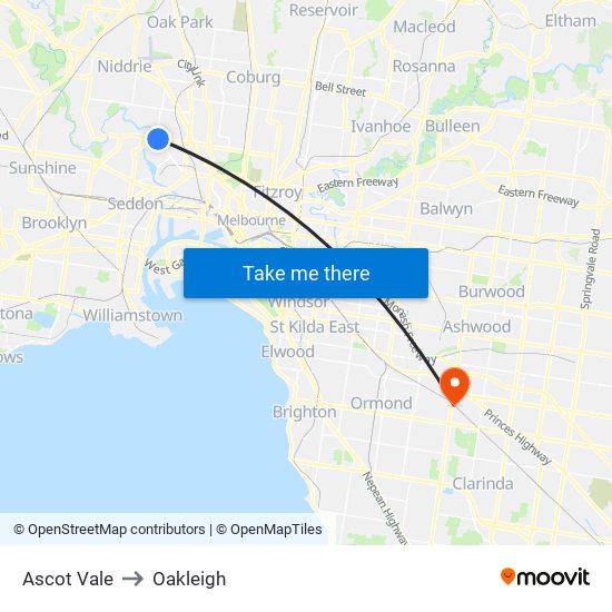 Ascot Vale to Oakleigh map