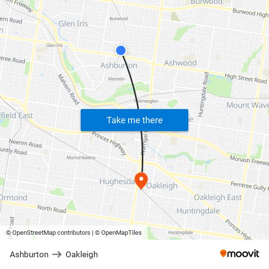 Ashburton to Oakleigh map