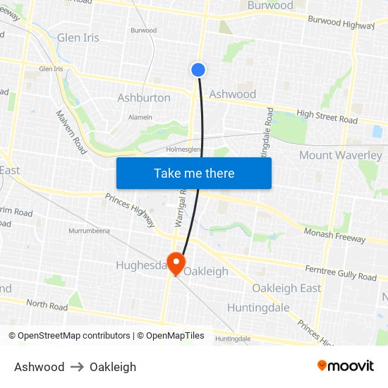 Ashwood to Oakleigh map