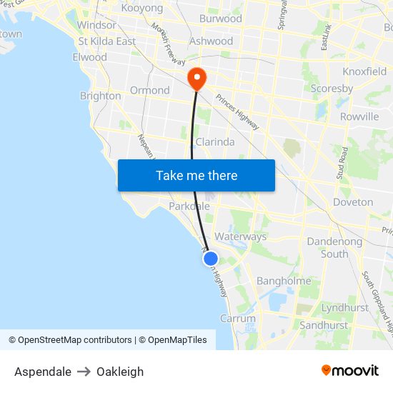 Aspendale to Oakleigh map