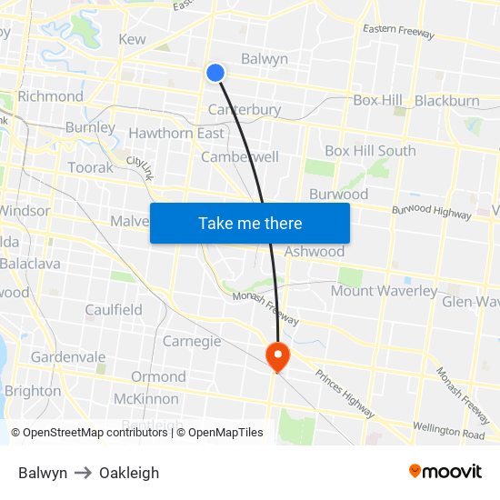 Balwyn to Oakleigh map