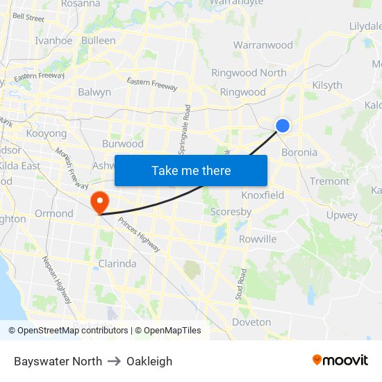 Bayswater North to Oakleigh map