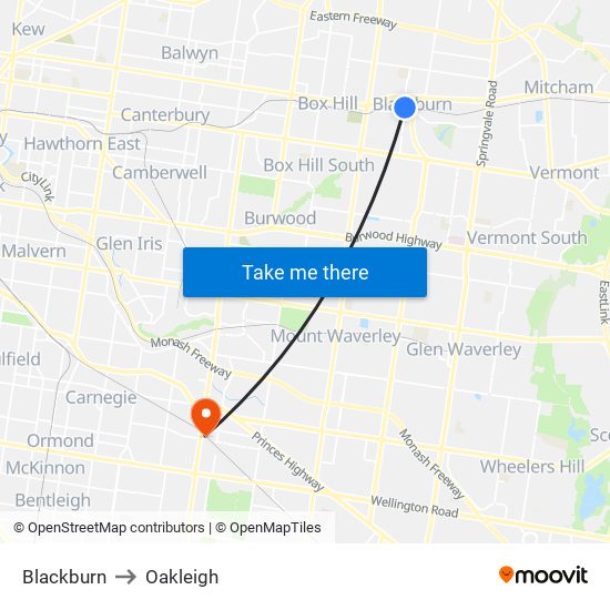 Blackburn to Oakleigh map