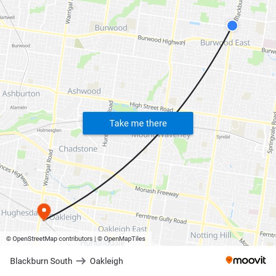 Blackburn South to Oakleigh map