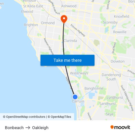 Bonbeach to Oakleigh map