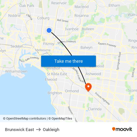 Brunswick East to Oakleigh map