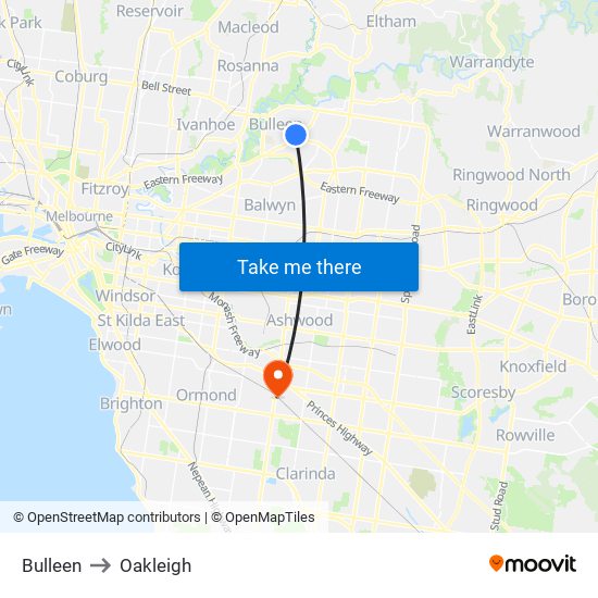 Bulleen to Oakleigh map