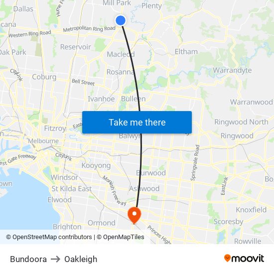 Bundoora to Oakleigh map