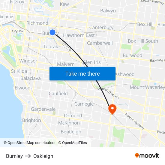 Burnley to Oakleigh map