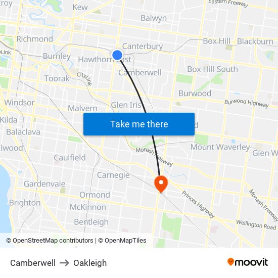 Camberwell to Oakleigh map