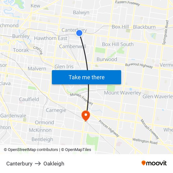 Canterbury to Oakleigh map