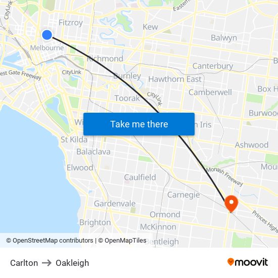 Carlton to Oakleigh map