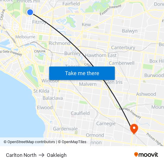 Carlton North to Oakleigh map